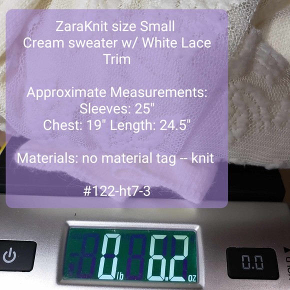 ZaraKnit size Small Cream Knit with White Lace Trim Knit Sweater - Picture 4 of 7